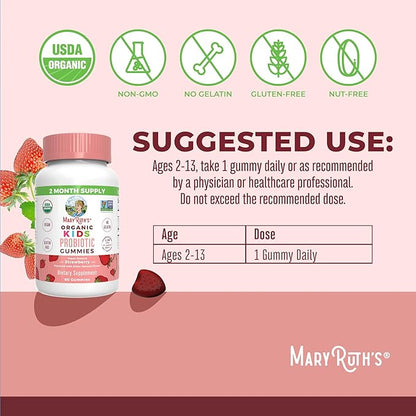 MaryRuth Organics Kids Probiotics for Digestive Health | USDA Organic Probiotic Gummies | Probiotics for Kids | Immune Support | Gut Health Supplement | Vegan | Non-GMO | Gluten Free | 60 Count