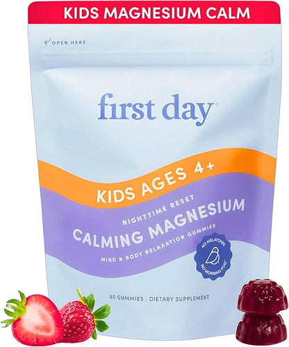 FIRST DAY Magnesium for Kids Gummies – Calm Kids Magnesium Citrate Gummies to Support Sleep & Relaxation – Bedtime Supplement with Suntheanine® L-Theanine, NO Melatonin - Strawberry - 30-Day Supply