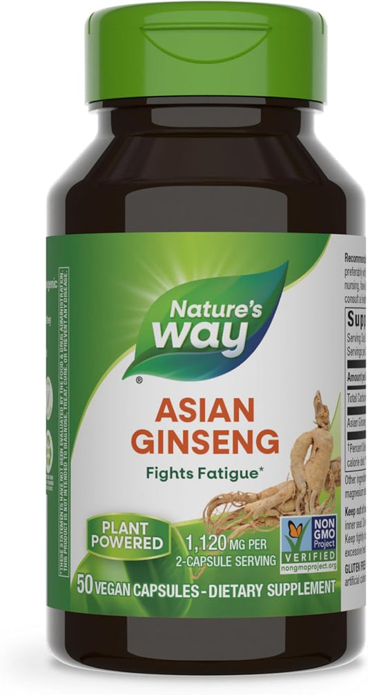 Nature's Way Asian Ginseng, Fights Fatigue*, 1,120mg Per 2-capsule Serving, Non-GMO Project Verified, Vegan, 50 Capsules (Packaging May Vary)