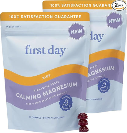 FIRST DAY Magnesium for Kids Gummies – Calm Kids Magnesium Citrate Gummies to Support Sleep & Relaxation – Bedtime Supplement with Suntheanine® L-Theanine, NO Melatonin - Strawberry - 30-Day Supply