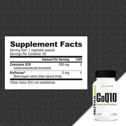NutraBio CoQ10 Dietary Supplement with Bioperine, Healthy Heart Function & Cellular Energy Production, 200mg - 60 Capsules