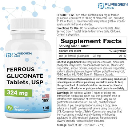 Puregen Labs Ferrous Gluconate 324 mg [High Potency] Iron Supplement, Gentle on Stomach - 100 Tablets