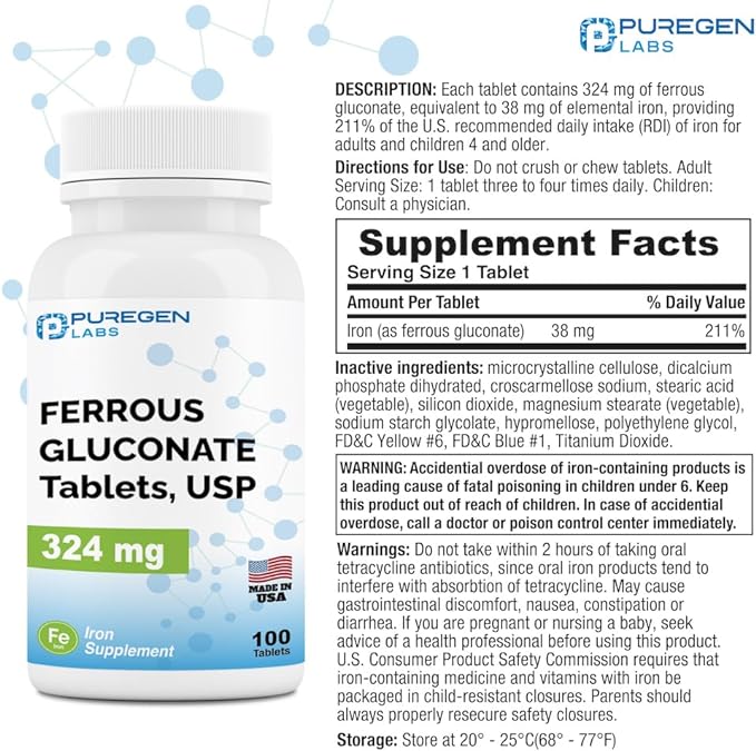 Puregen Labs Ferrous Gluconate 324 mg [High Potency] Iron Supplement, Gentle on Stomach | 2 Pack - 200 Tablets Total