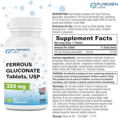 Puregen Labs Ferrous Gluconate 324 mg [High Potency] Iron Supplement, Gentle on Stomach | 2 Pack - 200 Tablets Total