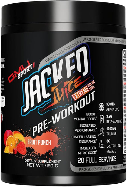 GMU SPORT Jacked Juice Pre Workout | Explosive Energy, Focus & Muscle Pumps | 8g Citrulline Malate, 3g Creatine, Beta Alanine, Alpha-GPC | 250mg Caffeine | 40 Servings Fruit Punch