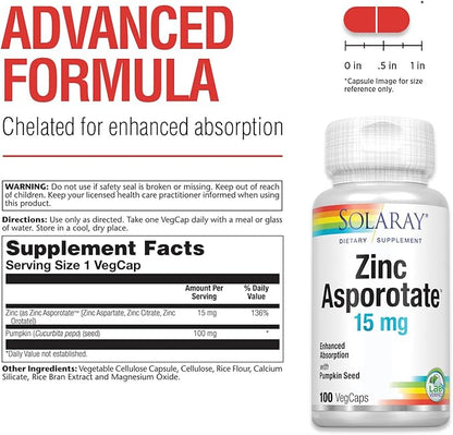 Solaray Zinc Asporotate 15mg Chelated Complex | Immune & Endocrine Support, Cell & Skin Health Formula, 100 VegCaps