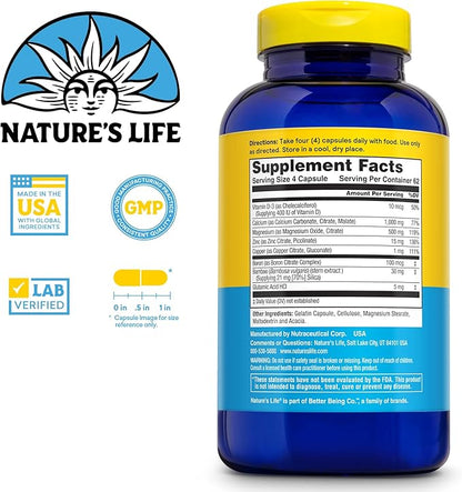NATURE'S LIFE Cal Mag Zinc Complex 1000mg / 500mg / 15mg - Calcium Magnesium Zinc Supplement w/Vitamin D and Boron - Bone Health, Muscle and Heart Health Support, 60 Day Guarantee, 62 Serv, 250 Caps