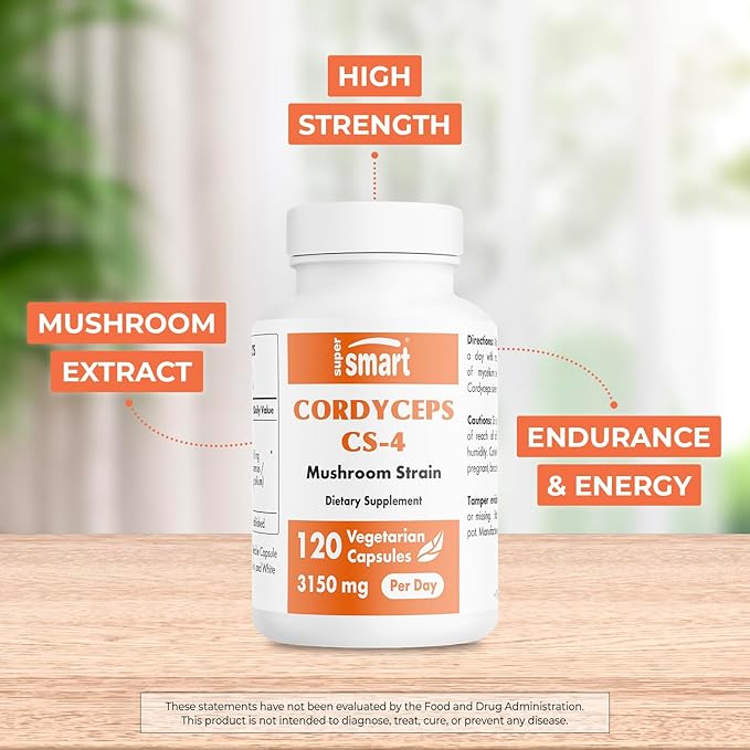 Supersmart - Cordyceps Cs-4 3150mg per Day (High Strength) - Cordyceps Mushroom Supplement - Endurance & Energy | Non-GMO & Gluten Free - 120 Vegetarian Capsules
