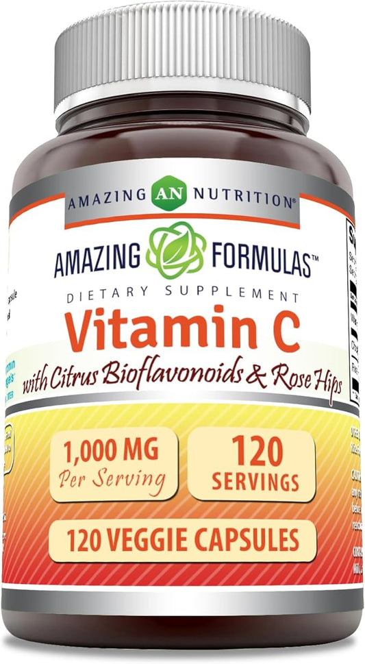 Amazing Formulas Vitamin C (Ascorbic Acid) 1000 Mg with Rose HIPS & Citrus Bioflavonoids | Veggie Capsules Supplement | Non-GMO | Gluten Free | Made in USA (120 Count)