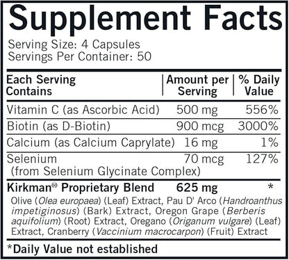 Kirkman - Yeast Aid Advanced Formula - 200 Capsules - Supports Yeast Control - Immune System Support - Hypoallergenic