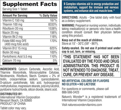 Nature's Wonder Super B Complex with Vitamin C, Vitamin B12, & Folic Acid – Supports Energy Metabolism, Immune Function, Nervous System, Skin & Muscle Health, 150 Tablets
