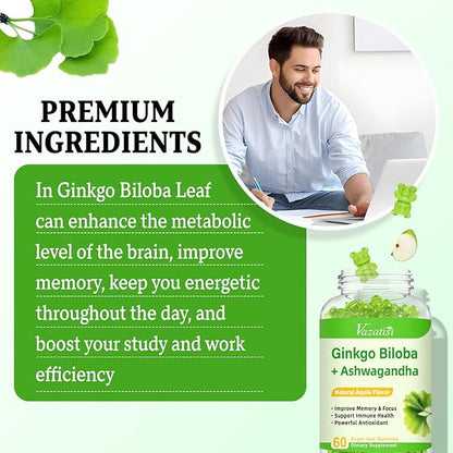 Ginkgo Biloba Gummies with Panax Ginseng for Better Mood and Focus, Booster Brain Health, 120 Vegan Apple Flavor Gummies