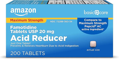 Amazon Basic Care Maximum Strength Famotidine Tablets 20 mg, Acid Reducer Pills for Heartburn Relief, 200 Count (Packaging may vary)