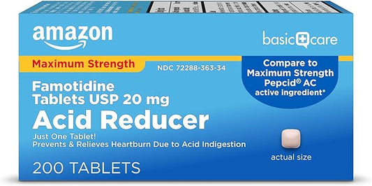 Amazon Basic Care Maximum Strength Famotidine Tablets 20 mg, Acid Reducer Pills for Heartburn Relief, 200 Count (Packaging may vary)