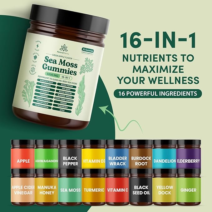 Sea Moss Gummies 16-in-1 - Ashwagandha Black Seed Oil Bladder Wrack Turmeric Vitamin C & D3 with Manuka Burdock Root Dandelion Yellow Dock Elderberry Apple Cider Vinegar (Green Apple)