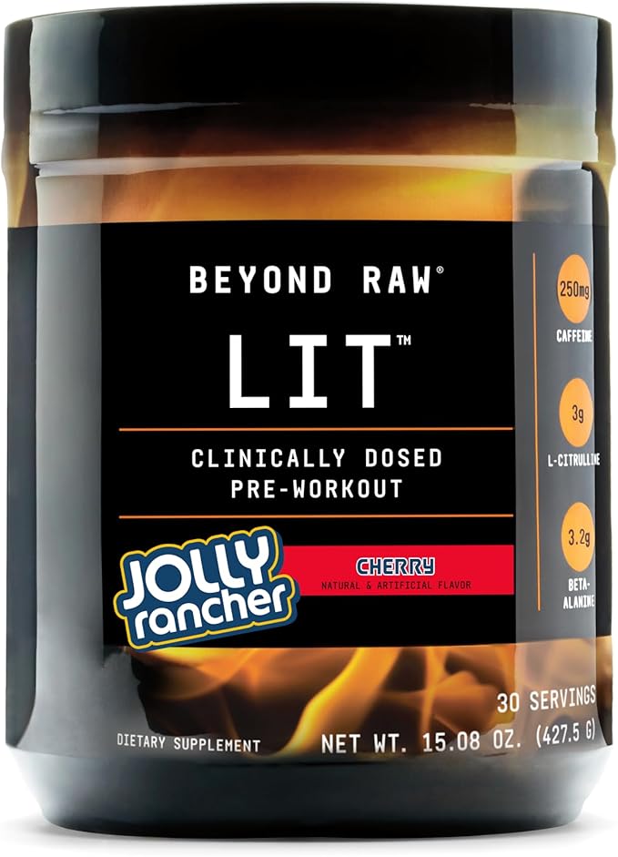 Beyond Raw LIT Pre-Workout Powder Supplement, Jolly Rancher Cherry, Energy, Focus, Endurance, Pumps, Nitric Oxide Boost, 250mg Caffeine, Creatine, Beta Alanine, 30 Servings