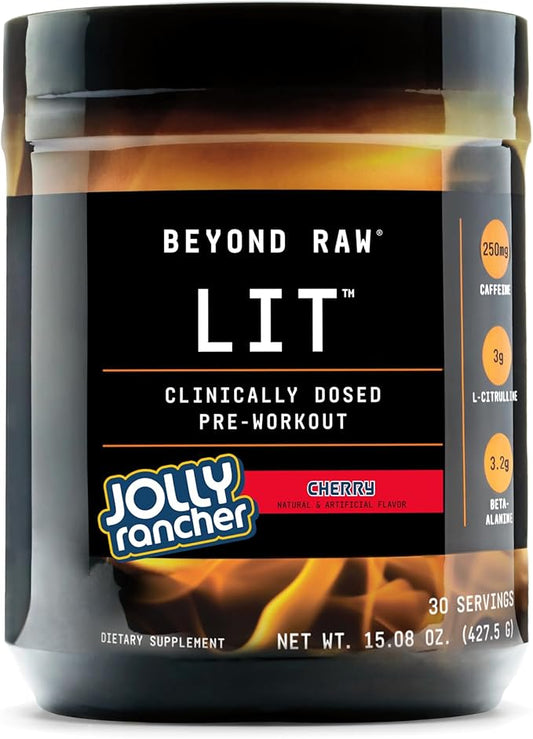 Beyond Raw LIT Pre-Workout Powder Supplement, Jolly Rancher Cherry, Energy, Focus, Endurance, Pumps, Nitric Oxide Boost, 250mg Caffeine, Creatine, Beta Alanine, 30 Servings