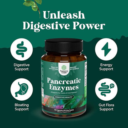 Natures Craft Pancreatin Digestive Enzymes for Digestive Health - Pancreatic Enzymes for Humans with Fat Carb and Protein Women and Men - Protease Amylase & Lipase Digestion -120ct