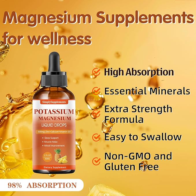 Potassium Magnesium Supplement - Potassium 99mg & 500mg Magnesium Glycinate Complex Liquid Drops with Calcium, Zinc, Vitamin B6, D3 - Energy & Bone & Muscle Support - 2 Fl oz