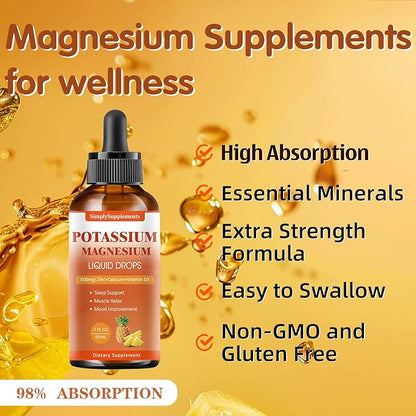 Potassium Magnesium Supplement - Potassium 99mg & 500mg Magnesium Glycinate Complex Liquid Drops with Calcium, Zinc, Vitamin B6, D3 - Energy & Bone & Muscle Support - 2 Fl oz