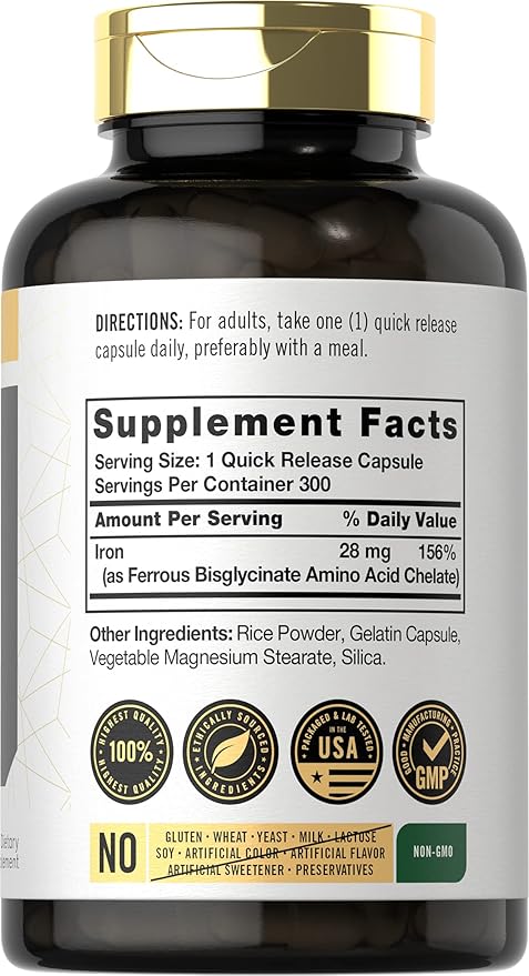 Carlyle Easy Iron Supplement for Women and Men | 28mg | 300 Capsules | as Ferrous Bisglycinate | Non-GMO and Gluten Free
