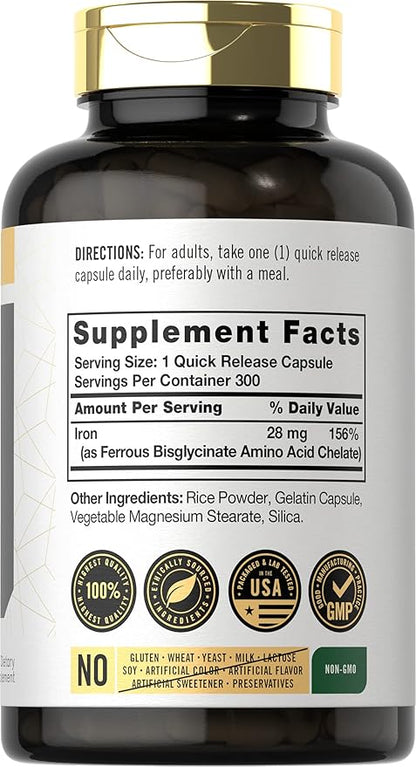 Carlyle Easy Iron Supplement for Women and Men | 28mg | 300 Capsules | as Ferrous Bisglycinate | Non-GMO and Gluten Free