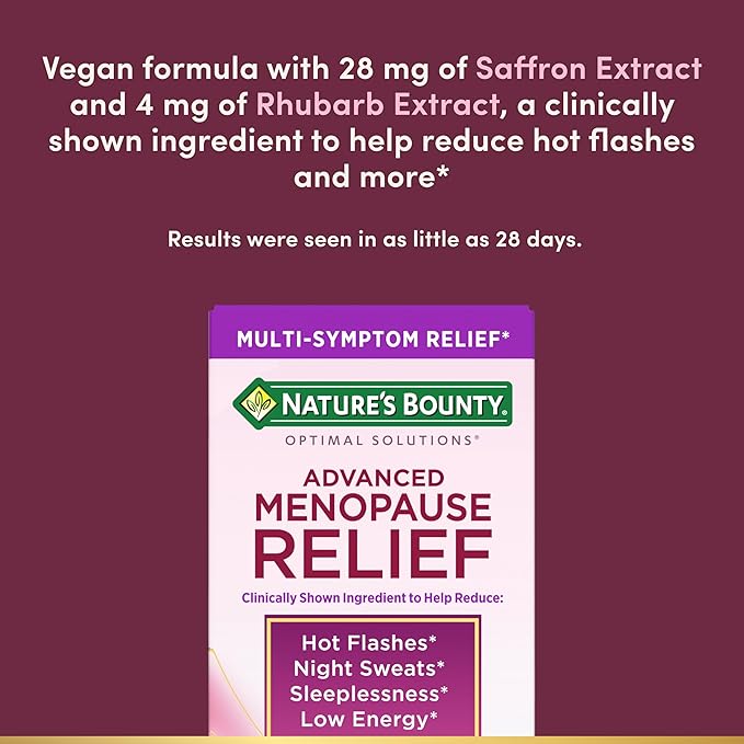 Nature's Bounty Optimal Solutions Advanced Menopause Relief for Menopause Support, Menopause Vitamins for Women, No Added Hormones, Drug-Free, 30 Tablets, 30 Total Servings