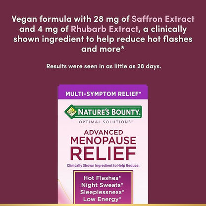 Nature's Bounty Optimal Solutions Advanced Menopause Relief for Menopause Support, Menopause Vitamins for Women, No Added Hormones, Drug-Free, 30 Tablets, 30 Total Servings