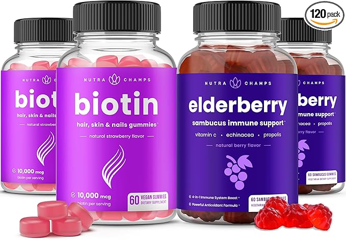 NutraChamps Biotin Gummies (2 Pack) and Elderberry Gummies (2 Pack) 4 Pack Bundle