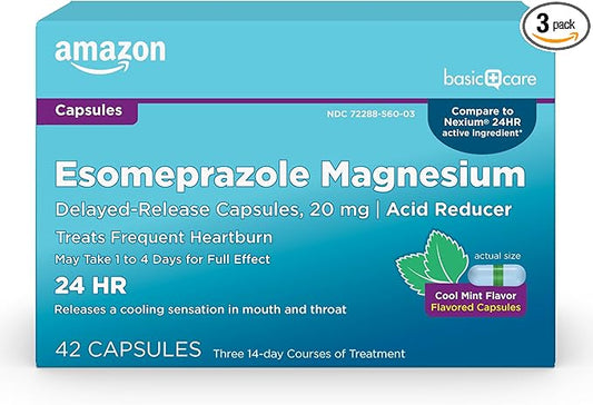 Amazon Basic Care Esomeprazole Magnesium Delayed-Release Capsules 20 mg, Acid Reducer, Cool Mint, 42 Count (3 Packs of 14)