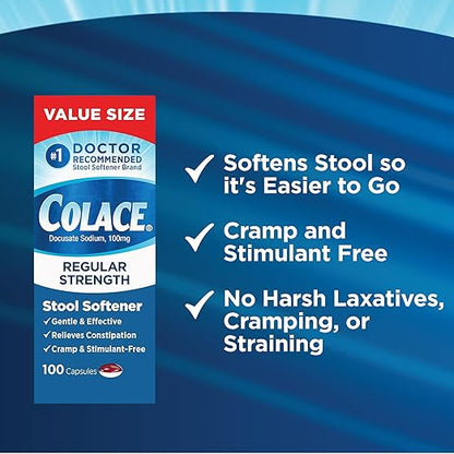 Colace Regular Strength Stool Softener 100 mg Capsules 100 Count Docusate Sodium Stimulant-Free for Gentle, Dependable Occasional Constipation Relief