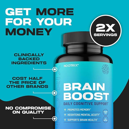 Brain Boost Nootropic Supplement | Supports Memory, Mental Focus, Cognitive Health & Energy | Promotes Healthy Mood & Brain Function | Ginkgo Biloba & DMAE | 60 Capsules