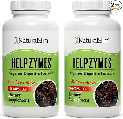 NaturalSlim Digestive Enzymes for Women & Men - Helpzymes Essential Enzymes for Digestion, Gut Health, Gas Bloating Relief with Bromelain, Ox Bile, Pancreatin. & Betaine HCL - 100 Capsules 2 Pack
