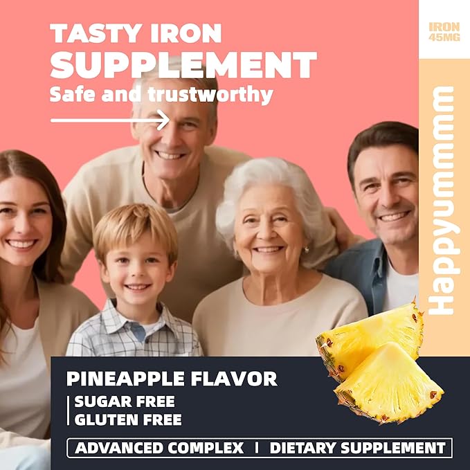 Iron Soft Chews Supplement with Vitamin C | Pineapple Flavored | Gluten Free | Iron Supplement for Women Men and Kids | 60 Count | 2 Month Supply