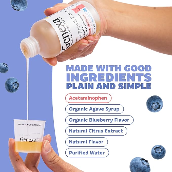 Genexa Kids’ Clean Pain & Fever Acetaminophen, Dye Free, 0% Artificial Additives, Delicious Organic Blueberry Flavor, Liquid Oral Suspension Medicine for Children 2-11, 160 mg per 5mL, 4 fl oz