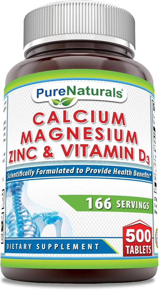 Pure Naturals Calcium Magnesium Zinc Vitamin D3 Supplement | Calcium 1000mg, Magnesium 400mg, Zinc 25mg, Vitamin D3 600 IU | Non-GMO | Gluten Free (500 Tablets)