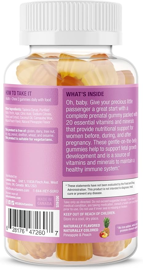 SUKU Prenatal Multivitamin Gummies – Folate, Calcium, Vitamin D3, B12, K2 – Sugar-Free, Vegetarian, Gluten-Free Pregnancy Support – Pineapple Peach Flavor – 60 Count