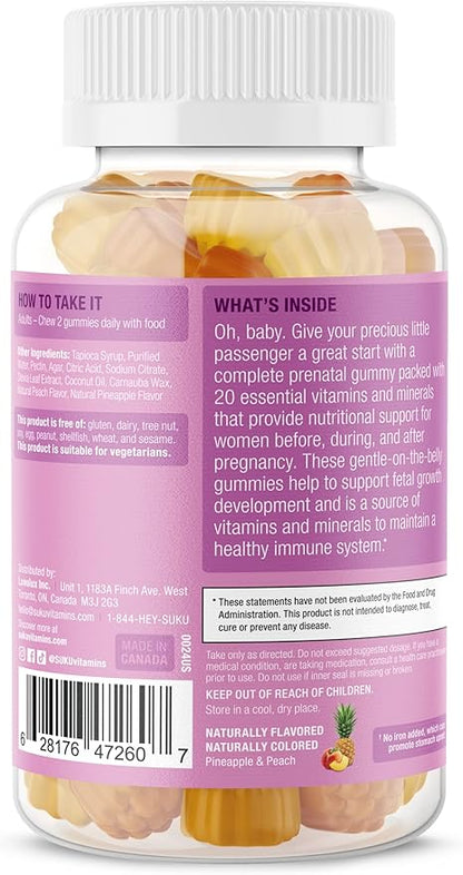 SUKU Prenatal Multivitamin Gummies – Folate, Calcium, Vitamin D3, B12, K2 – Sugar-Free, Vegetarian, Gluten-Free Pregnancy Support – Pineapple Peach Flavor – 60 Count
