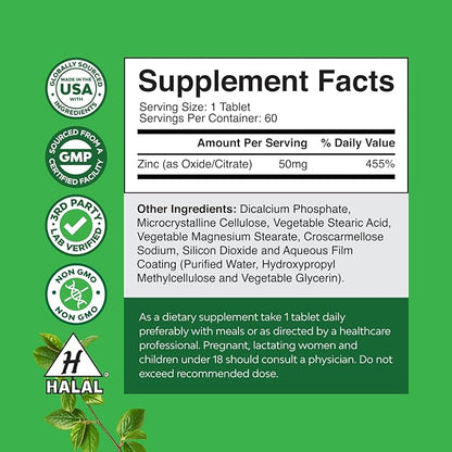 Zinc 50mg Immune Support Supplement - Zinc Complex Supplement for Immune System and to Enhance Hair Skin and Nails Vitamins - Easy to Swallow Potent Daily Tablets for Adults