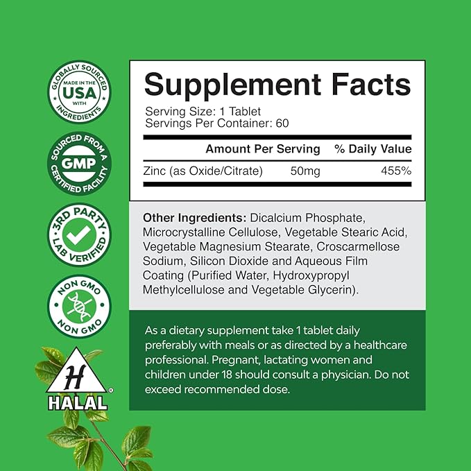 Zinc 50mg Immune Support Supplement - Zinc Complex Supplement for Immune System and to Enhance Hair Skin and Nails Vitamins - Easy to Swallow Potent Daily Tablets for Adults