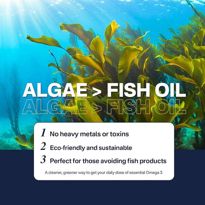 (Made in USA) Fish Oil Alternative Omega-3 Supplement for Women Men, Vegan Algae Oil Science Backed 2:1 Ratio DHA 720mg EPA 360mg, Plant Based Omega-3 Softgels for Brain Eye, No Fish Taste, 120Cts