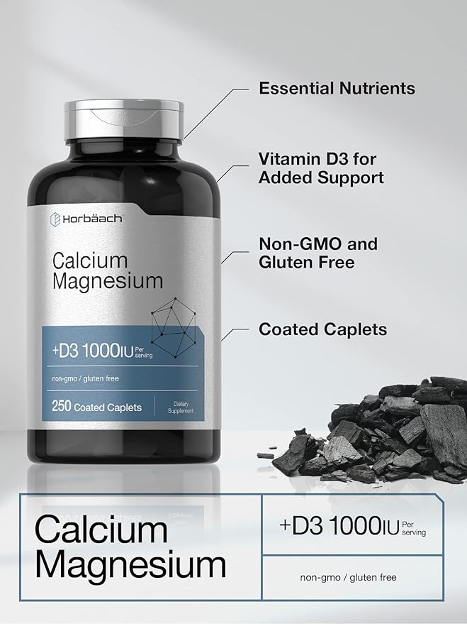 Horbäach Calcium Magnesium D3 Supplement | 1000 IU D3 | 250 Coated Caplets | Non-GMO & Gluten Free