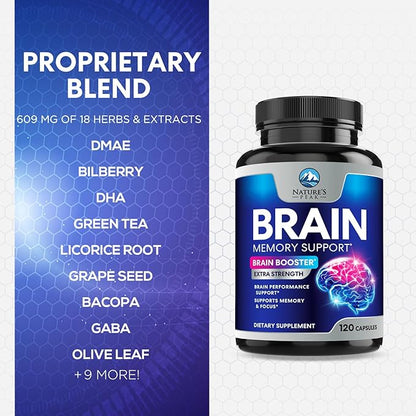 Brain Supplement Memory Pills - Nootropics Support for Concentration, Clarity, Energy & Focus - Brain Health with Bacopa, Cognitive Vitamins, Phosphatidylserine, DMAE - Brain Booster - 120 Capsules