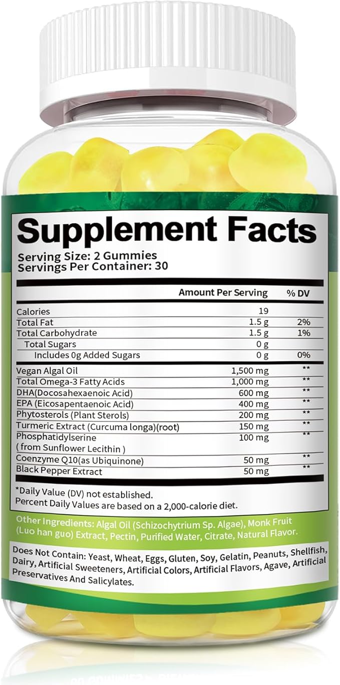 Vegan Algae Omega-3 Gummies with DHA 600mg, EPA 400mg, Phytosterols, Turmeric, Phosphatidylserine, CoQ10 for Brain & Eye Wellness - Omega 3 Supplement Fish Oil Alternative for Adults & Teens - 60 Cts