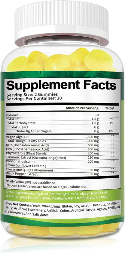 Vegan Algae Omega-3 Gummies with DHA 600mg, EPA 400mg, Phytosterols, Turmeric, Phosphatidylserine, CoQ10 for Brain & Eye Wellness - Omega 3 Supplement Fish Oil Alternative for Adults & Teens - 60 Cts
