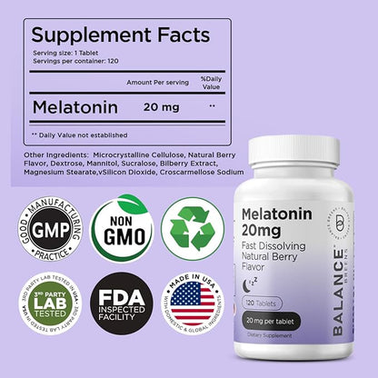 Balancebreens Melatonin 20mg Fast Dissolve Tablets - High Potency, Fast Acting, Natural Sleep Support - Sleep Aids for Adults - Non-Groggy, Drug-Free Formula - 120 Sleeping Pills