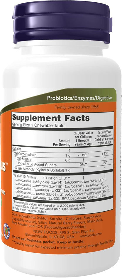 NOW Foods Supplements, BerryDophilus™, Developed for Adults & Children with 10 Probiotic Strains, Extra Strength,Strain Verified, 50 Chewables
