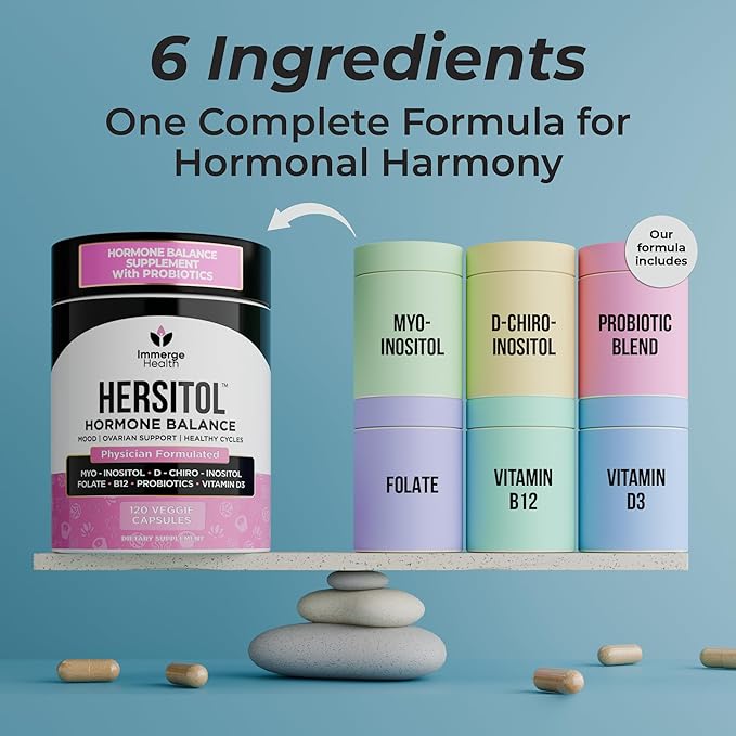 Hormone Balance for Women, PCOS, Ovarian Support, Fertility, Menstrual Cycle | Myo-Inositol & D-Chiro Inositol Supplement 40:1 Ratio With Folic Acid, B12 & Probiotics | Female Vitamins 120 Capsules