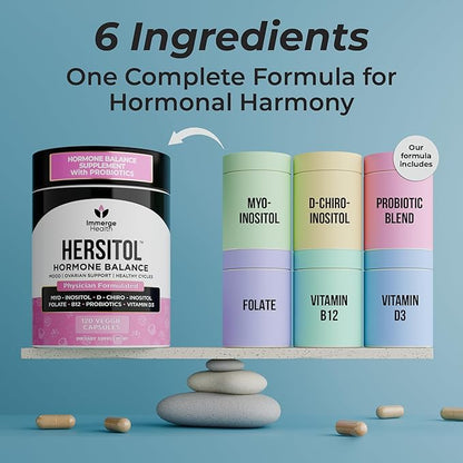Hormone Balance for Women, PCOS, Ovarian Support, Fertility, Menstrual Cycle | Myo-Inositol & D-Chiro Inositol Supplement 40:1 Ratio With Folic Acid, B12 & Probiotics | Female Vitamins 120 Capsules