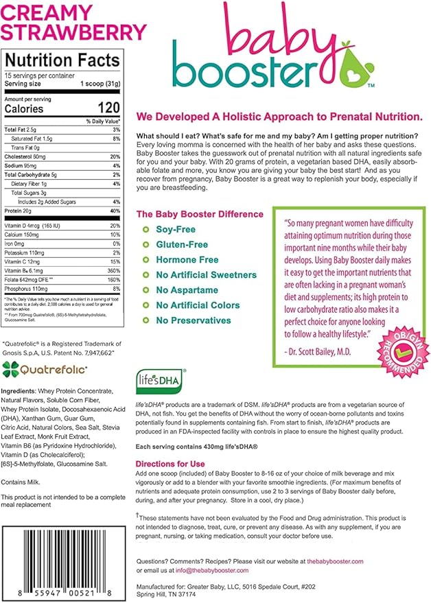 Baby Booster Pregnancy Protein Powder Vitamin Supplement Shake - OB/GYN Approved Prenatal & Postnatal Lactation Use - Morning Sickness Relief with Vegan DHA and Methyl Folate - Creamy Strawberry, 1 lb